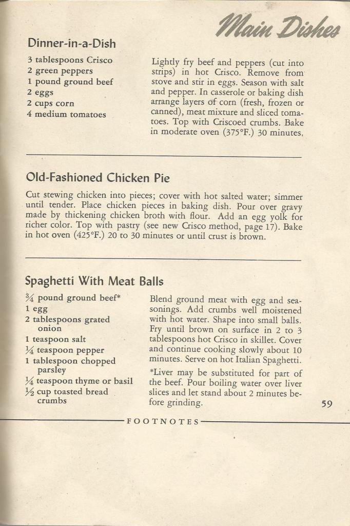 Vintage Recipes:  1945 Crisco Cookbook - Main Dishes